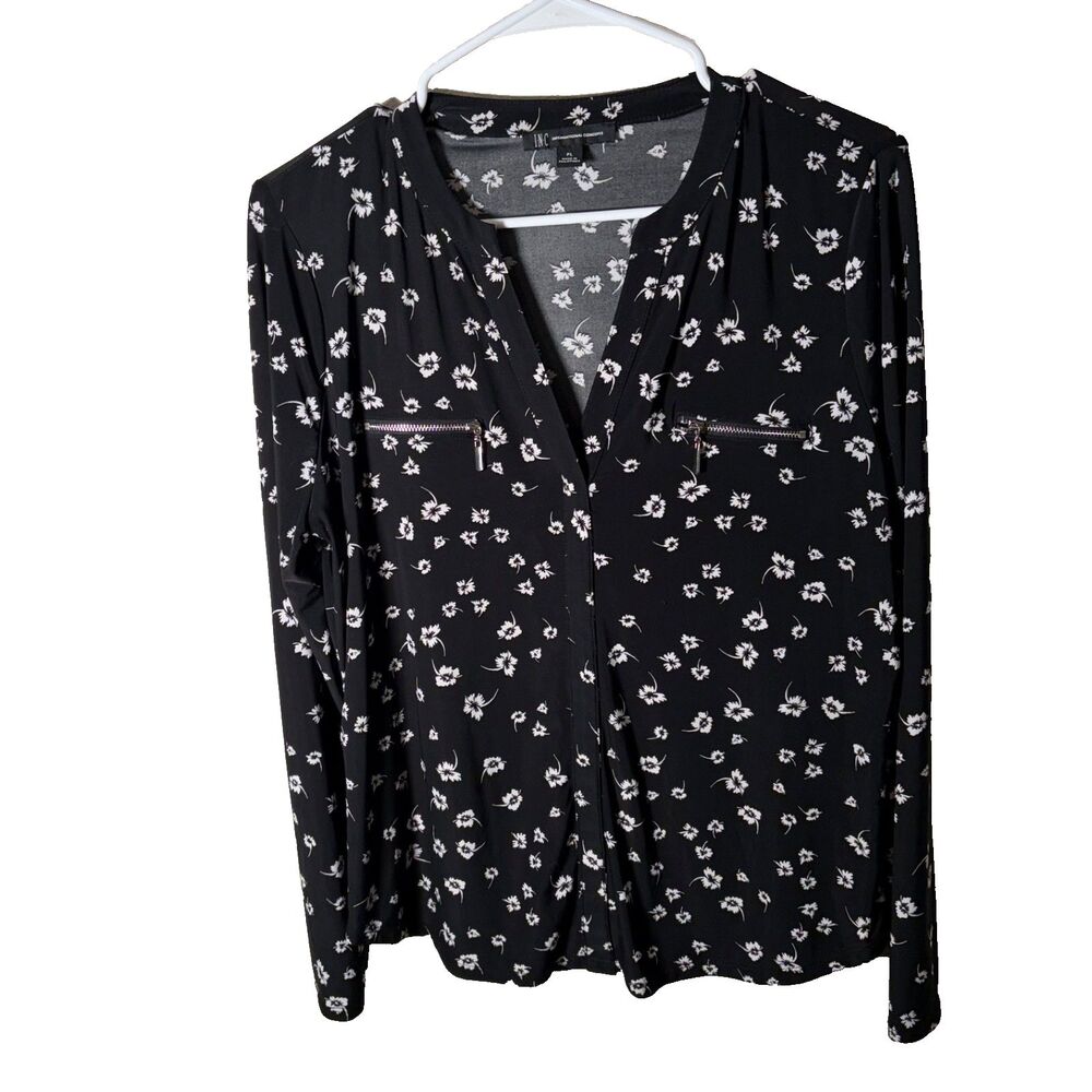 INC International Concepts Blouse Women's Petite Large Black Floral Zipper